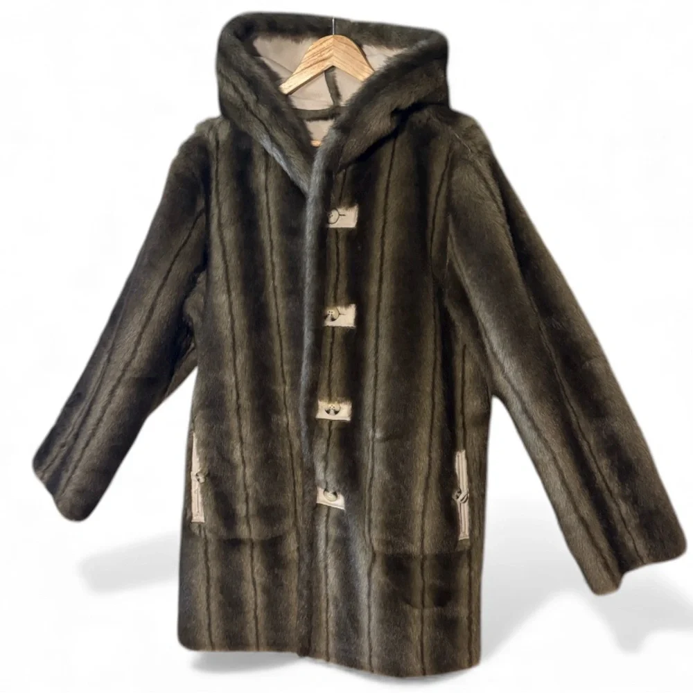 Dennis Basso Reversible Faux Fur Faux Suede Coat with Hood Size Medium - Picture 2 of 16